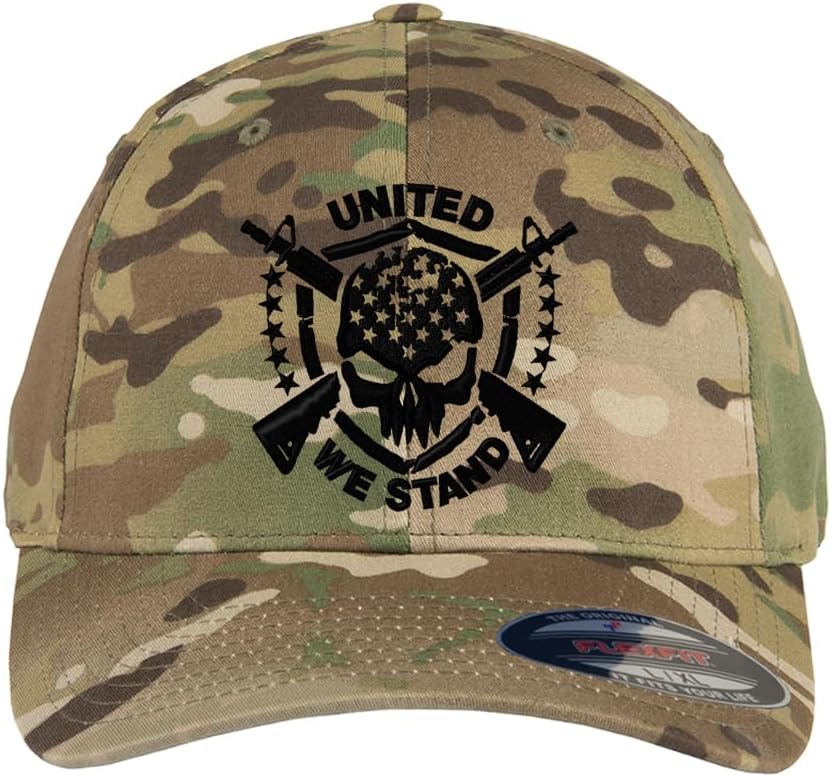 United We Stand, American Distressed Skull Custom Embroidered American Flag 6277Flex Fitted Baseball Cap