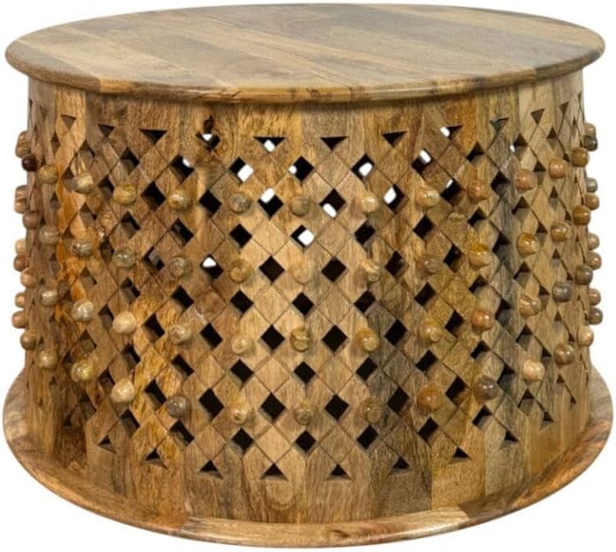 Carolina Chair & Table Lattice 30" Round Artisan Coffee Table - Elegant Finish Intricate Carving Solid Wood Accent Table - Compact Home Decor Furniture for Office, Bedroom, Living Room (Natural)