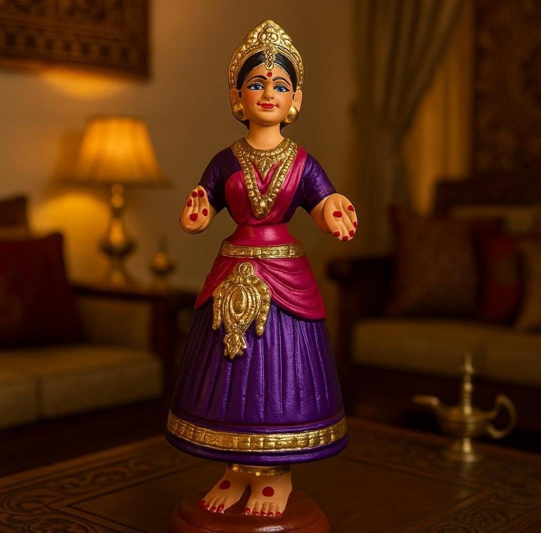 Traditional THANJAVUR Thalayati Bommai Doll, Pink and Purple, Classical Indian Decorative Figurine-image-6