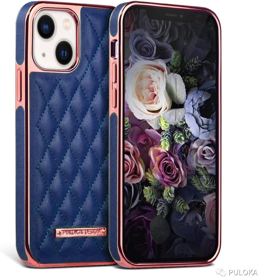 Image of PULOKA iPhone 14 Vegan Leather Back Cover Royal Diamond Pattern with Electroplated Case Compatible for Apple iPhone 14 6.1 inchinch - Blue