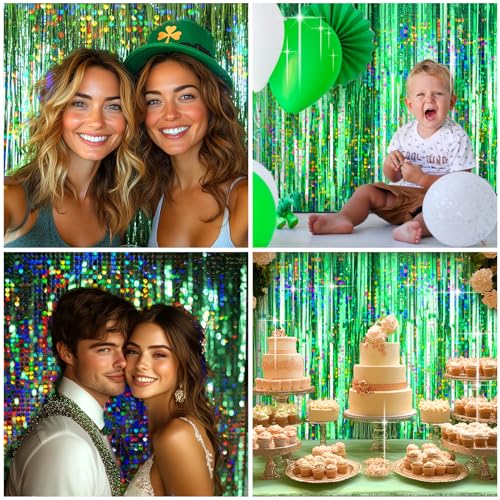 Image of 4 Packs Green Foil Fringe Curtain, Green Glitter Metallic Tinsel Backdrop for Birthday, Wedding, Baby Shower, Halloween, Christmas, Hawaiian Luau, Football, Dinosaur Jungle Party Decorations Supplies