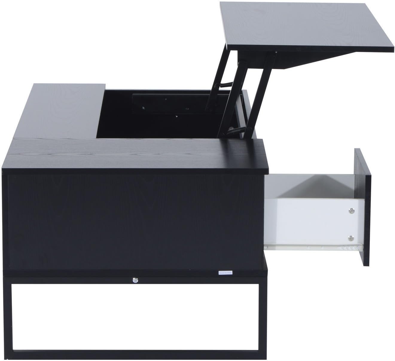 Close-up view of the HOMCOM lift top coffee table with the top raised, showing the hidden storage compartment and the side drawer partially open.