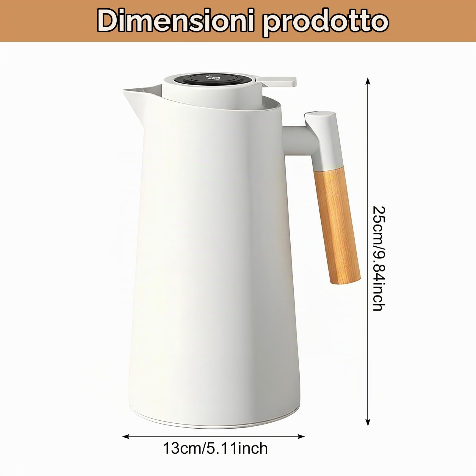 Colexy Caraffa Termica da Caffè 1L Thermos con Indicatore di Temperatura Caraffa Termica con Manico in Legno Bollitore per Acqua Isolata Teiera da Tè Mantiene Caldo Freddo Per Caffè Latte Tè (Bianco)