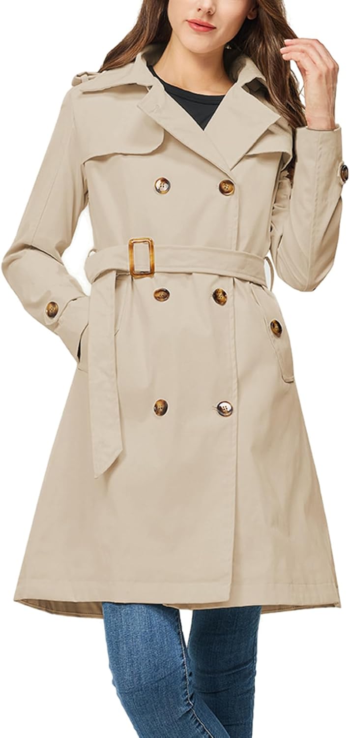 Rasujie Women's Trench Coat Double Breasted Classic Lapel Overcoat Belted Jacket with Detachable Hood - Image 4
