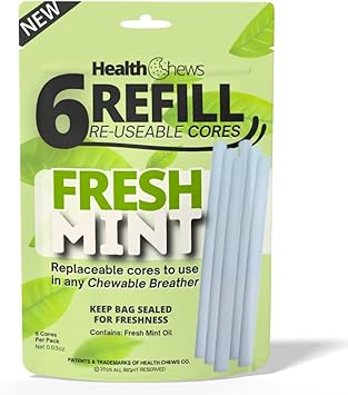 Fresh Mint Refill Cores 6 Reusable Aromatherapy Sticks, Essential Oil Refill Pack for Chewable Breather Fresh Mint