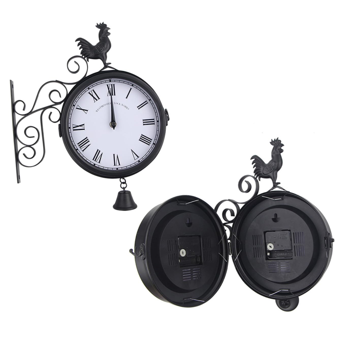 Horloge murale fer forgé double face noire style cloche de jardin