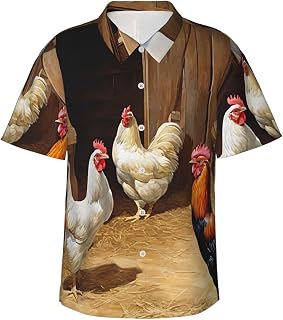 Chicken and Rooster Print Men's Hawaiian Shirt Short Sleeve Beach Casual Summer Shirt
