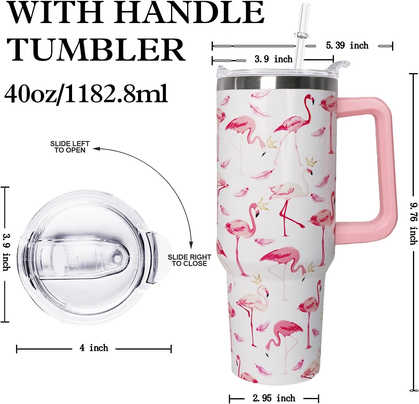 40 oz Pink Flamingo Tumbler with Handle, Lid and Straw - Flamingo Gift for Women - Coffee Mug, Water Bottle - Image 2