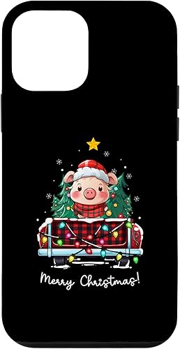 Funda divertida para iPhone 12 mini cerdo Navidad camión a cuadros