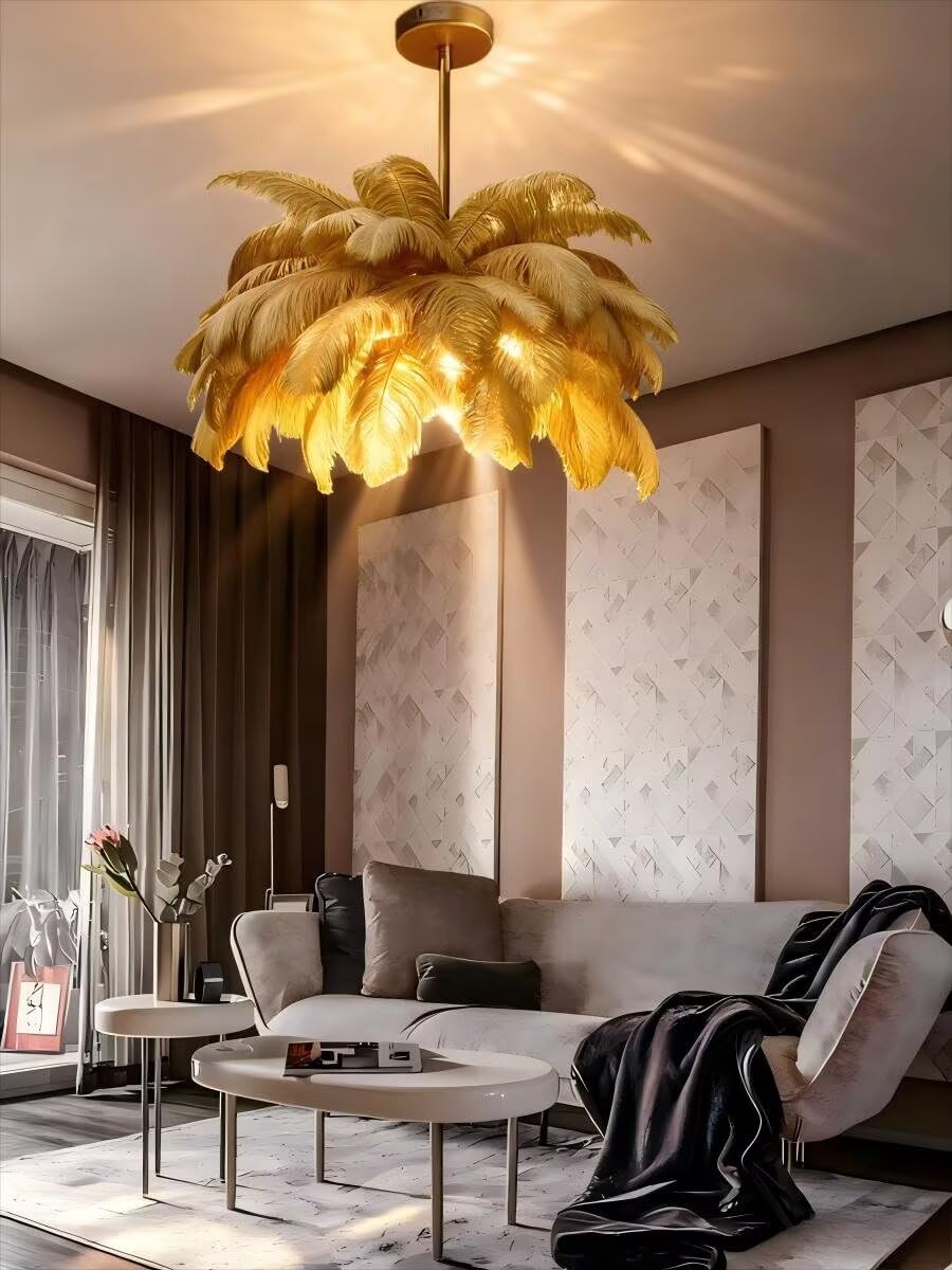 AstrizLamp Feather Chandelier, Camel Fluffy Lampshade Modern LED Pendant Light 6-Lights 4500K, Naturel Feather Ceiling Light, for Living Room Bedroom Kids Room Home Creative Decor, φ-65cm