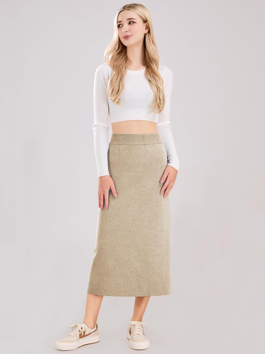 ebossy Women's Winter Warm High Waist Side Slit Wool Blend Long Skirts Rib Knit Stretchy Bodycon Pencil Skirt - Image 2