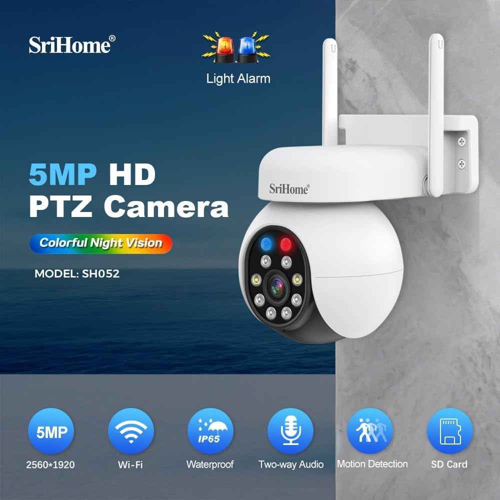 OBA SriHome SH052 - Cámara de vigilancia PTZ 5 MP HD, visión Nocturna a Color, detección Humana, Audio bidireccional, IP65, Wi-Fi, Uso Exterior