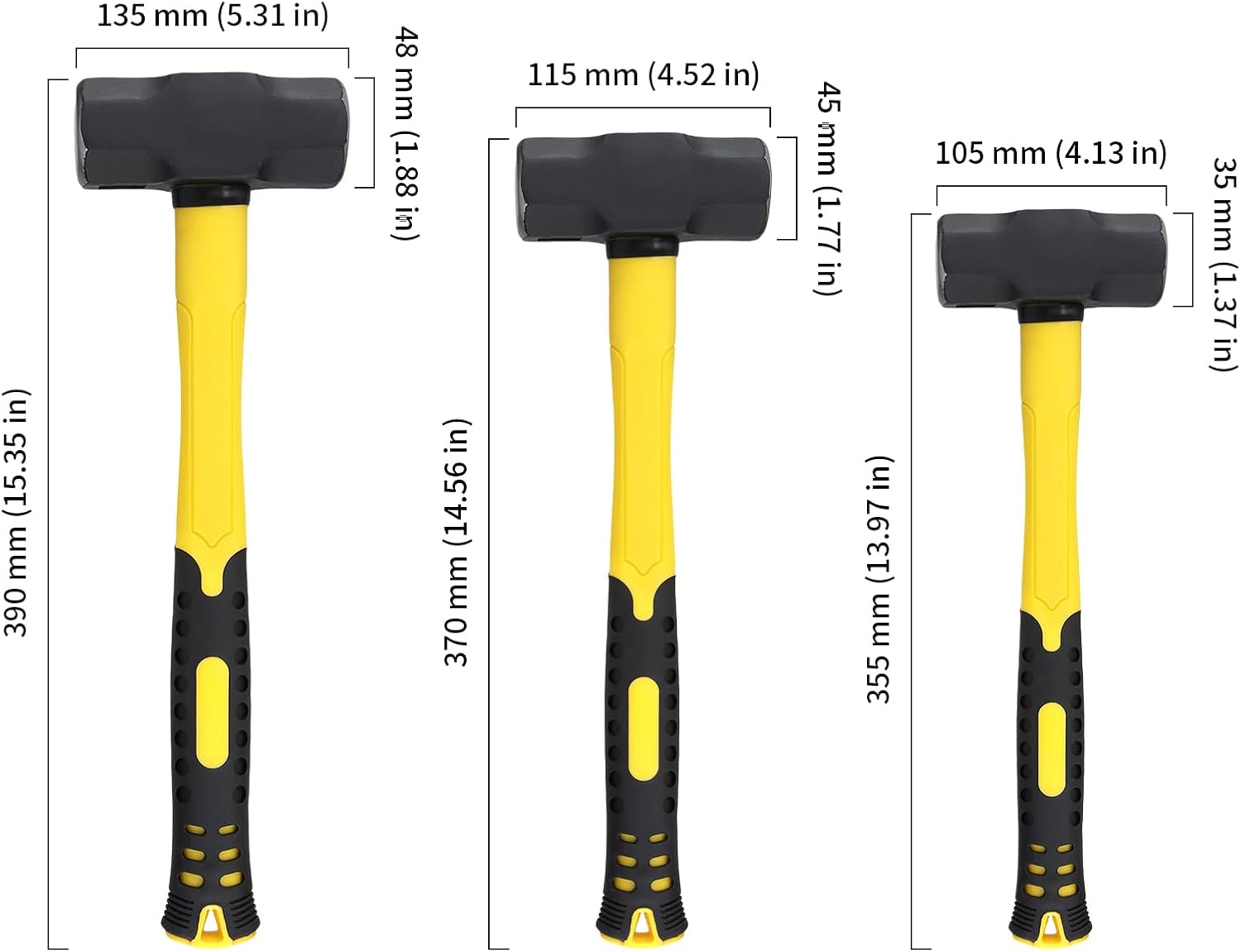 HOIGON 2lbs 3lbs 4lbs Sledge Hammer Set of 3, Pro-grade Sledge Hammer Tool with Fiberglass Handle, Stoning Club Hammer for Carpentry, Construction, Mechanic Work