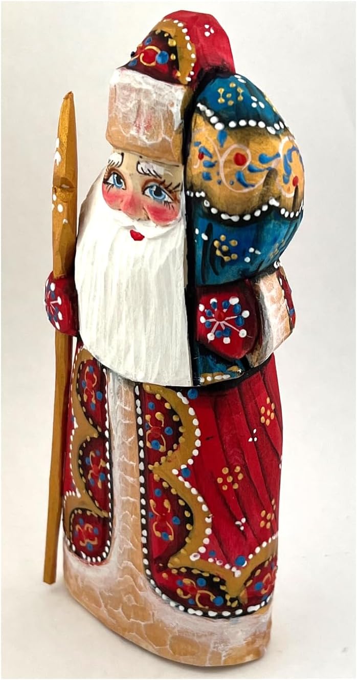 Needzo Santa Claus Figurine Christmas Decoration Russian Hand Painted Hand Carved Father Frost Holding Bag of Goodies 6 Inch, Hand Made