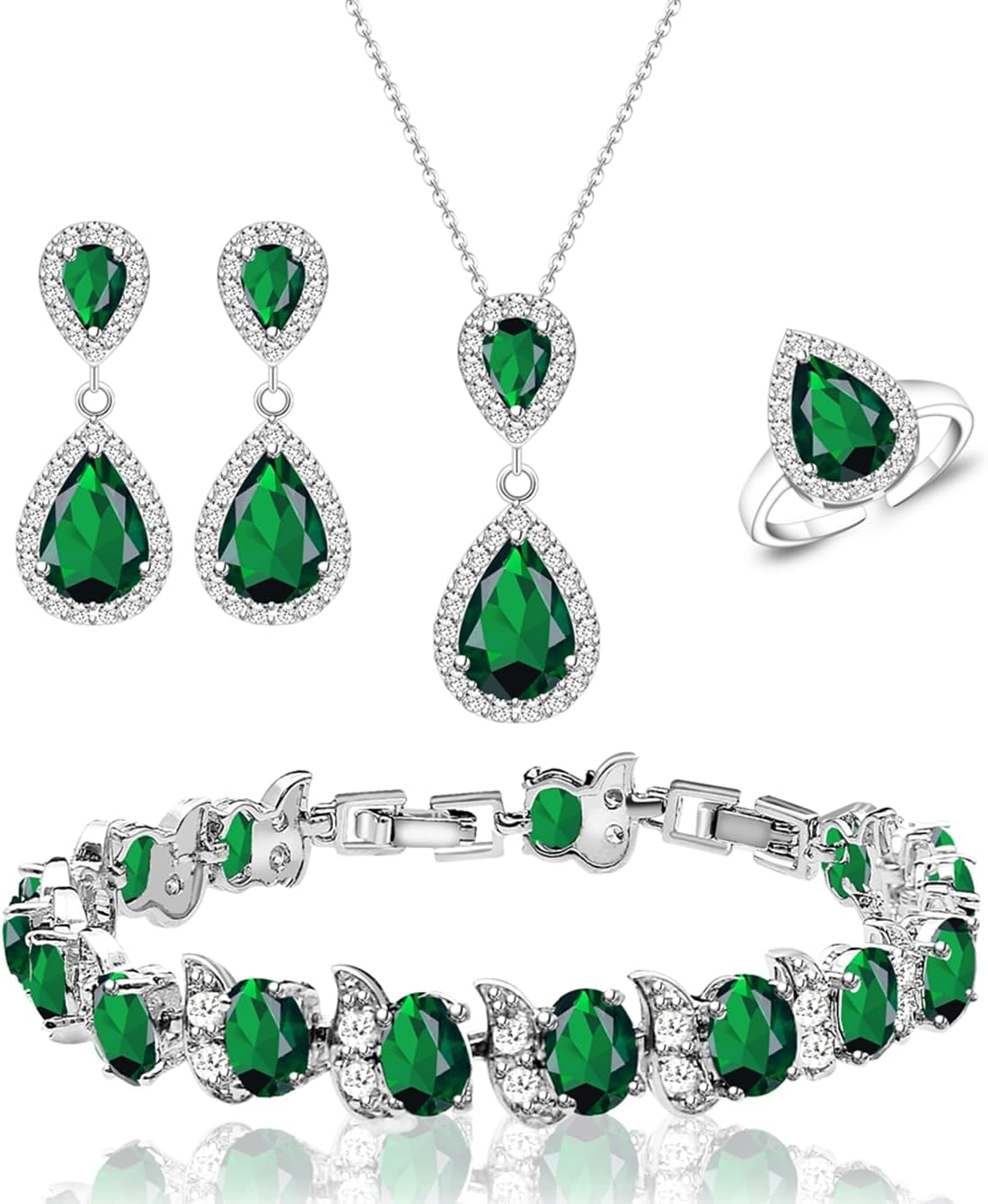 LMXXVJJewelry Set for Women,Teardrop Cubic Zirconia Necklace Earrings Adjustable Ring Bracelet Jewelry Set Formal Jewelry Gift