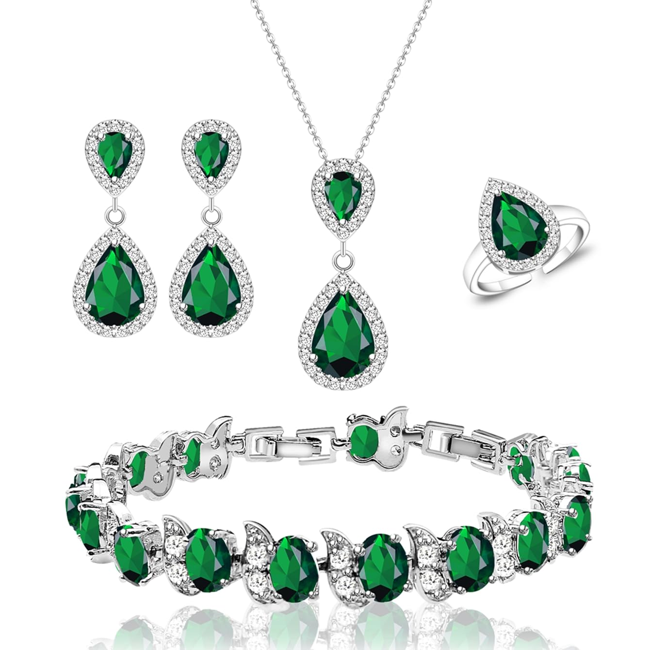 LMXXVJJewelry Set for Women,Teardrop Cubic Zirconia Necklace Earrings Adjustable Ring Bracelet Jewelry Set Formal Jewelry Gift