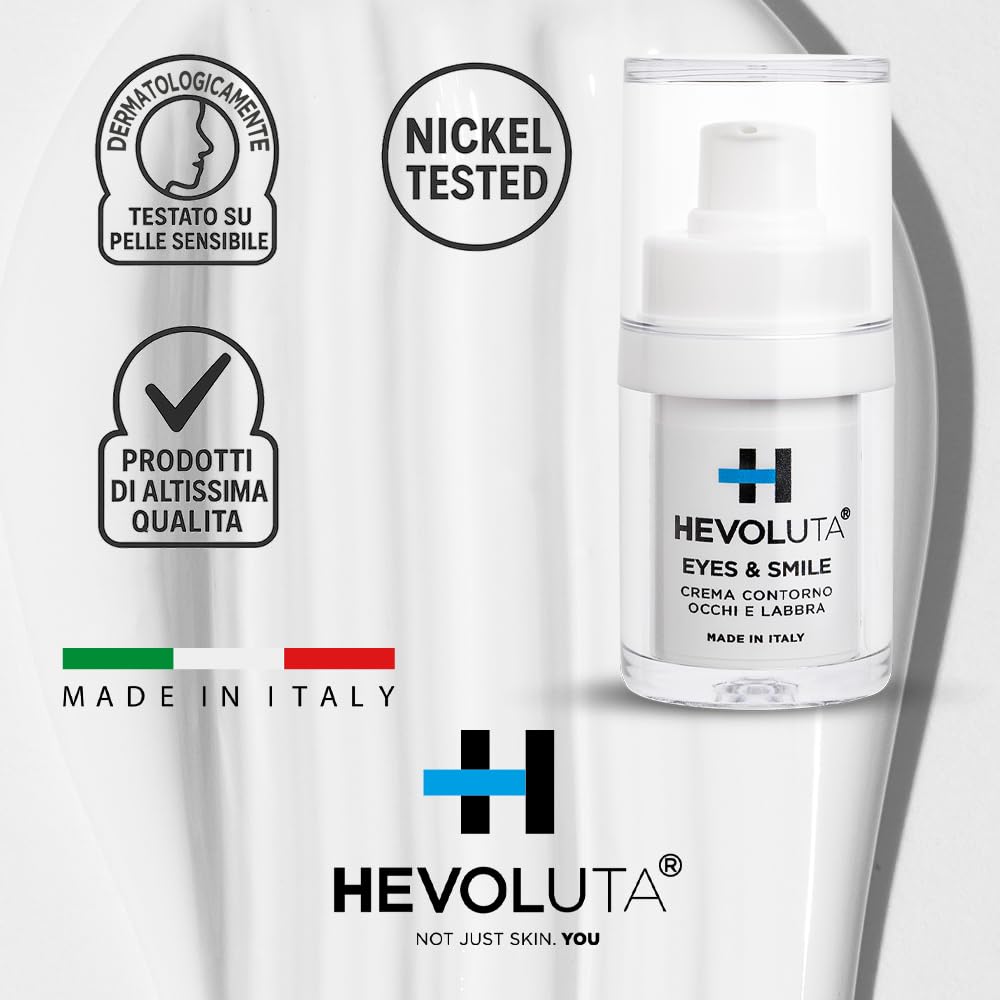 Hevoluta Eyes&Smile Crema Contorno Occhi e Labbra Antirughe, 15 ml | Trattamento Idratante, Burro di Cacao, Acido Ialuronico, Peptidi, Specifico per Codice a Barre, Made in Italy