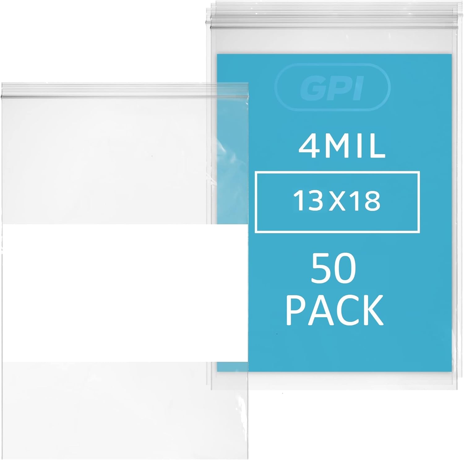 GPI - 13" x 18" - XL - Pack Of 50, 4 Mil Thick, Heavy Duty, Clear Plastic Reclosable Freezer Zip Bags, With White Block for Labeling, Strong & Durable Poly Baggies With Resealable Zipper Top Lock.