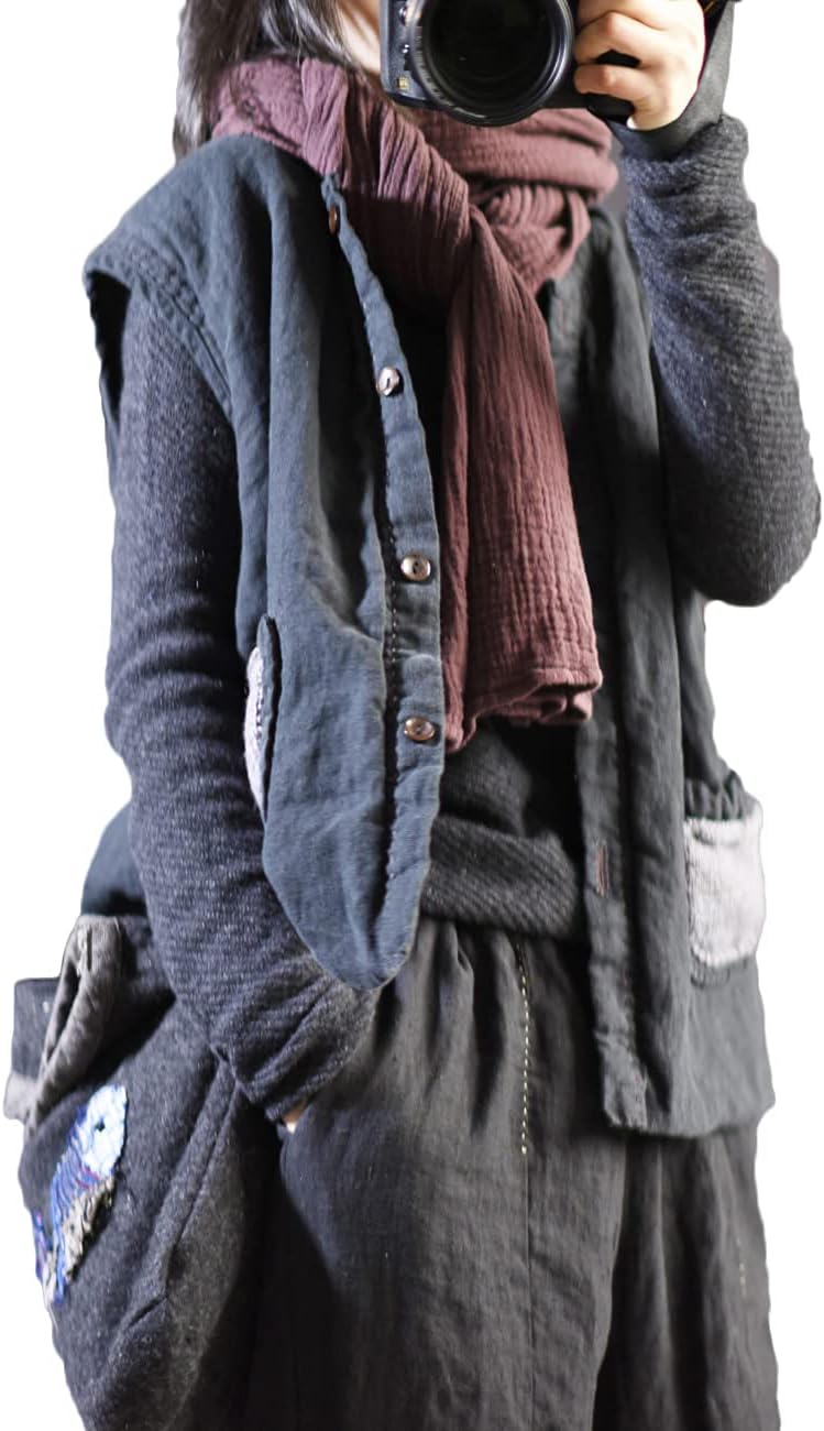 NFYM Women's Linen Vest Thin Quilted Mid Length Button Down Sleeveless Jacket with Hand Woven Pockets