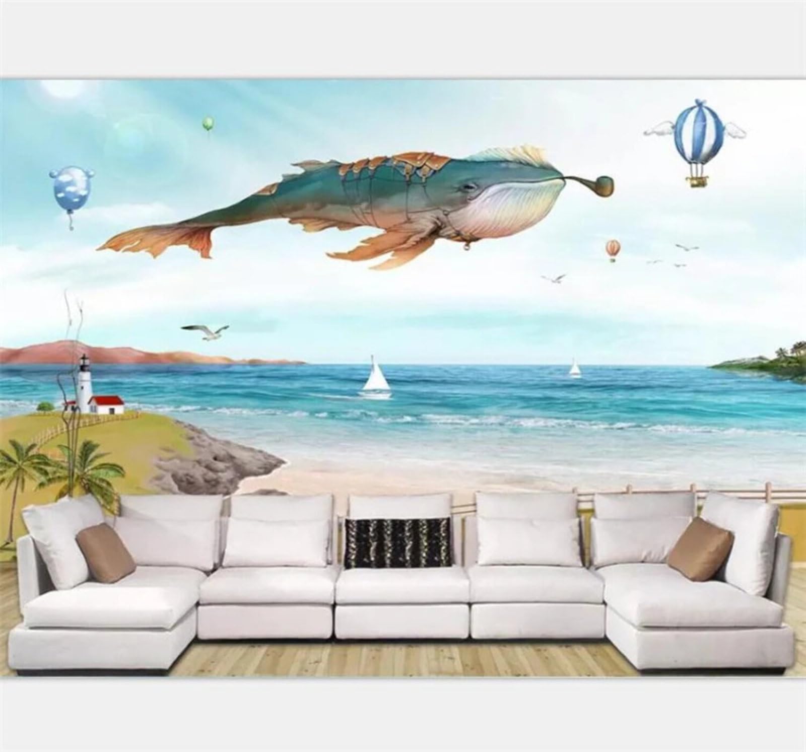 Hand Drawn Cartoon Whales Hot Air Balloons and Seascapes 3D Wallpaper Easy Install Feature Office Living Room Sofa Bedroom TV Background Wall Decoration-400cm×280cm