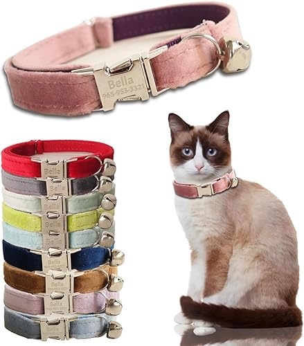 Personalized Cat Collar with Custom Name Plate with Bell, Adjustable Velvet Tough Nylon Cat ID Collars for Cats, Customize Engraved Metal Buckle Pet