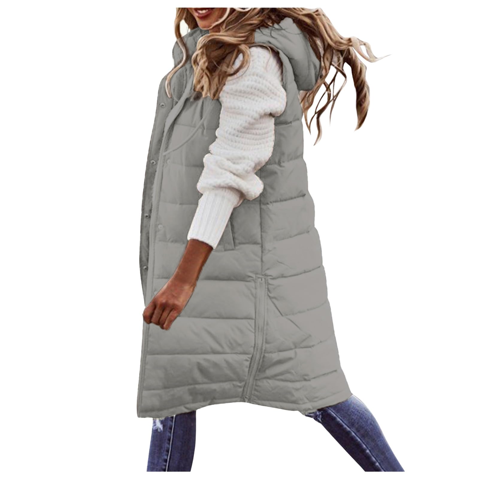 Long Puffer Vest for Women Padded Sleeveless Hooded Jackets Winter Zip Up Jacket Warm Quilted Coats with Pockets