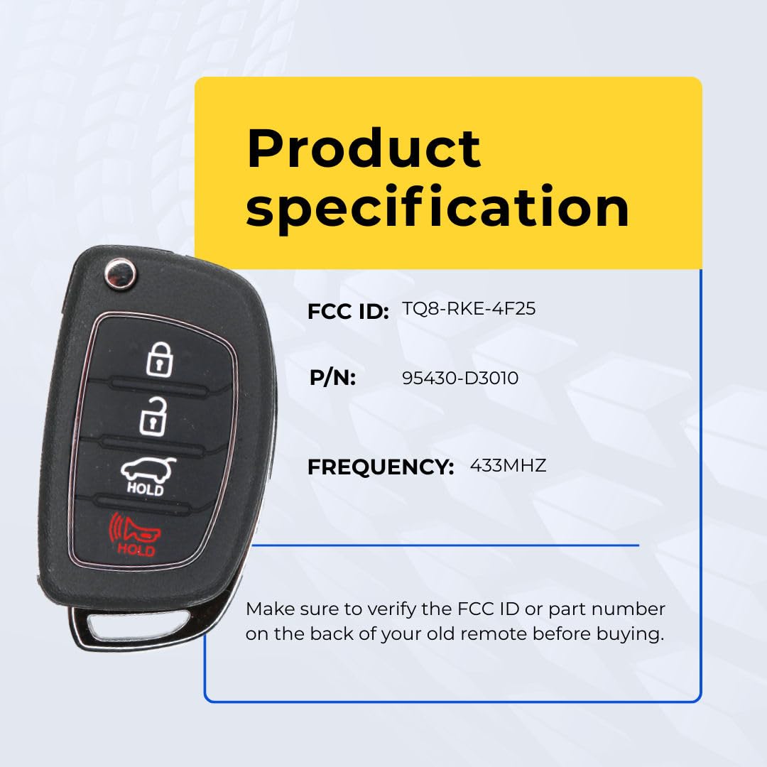 Telecomando di ricambio per telecomando senza chiave, per Hyundai Tucson Fcc TQ8-RKE-4F25 2016-2019, codice articolo 95430-D3010, confezione da 2