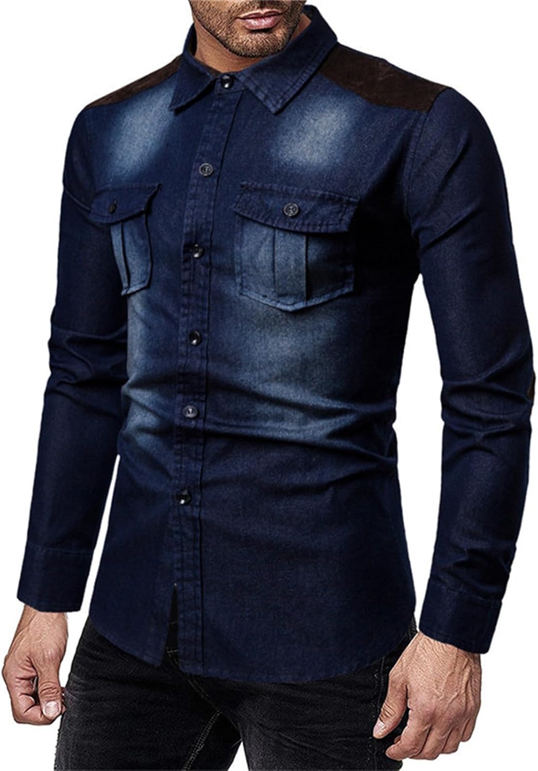 Denim Shirts for Men Long Sleeve Vintage Slim Fit Button Down Shirts Casual Washed Cotton Western Jean Work Shirts Pockets