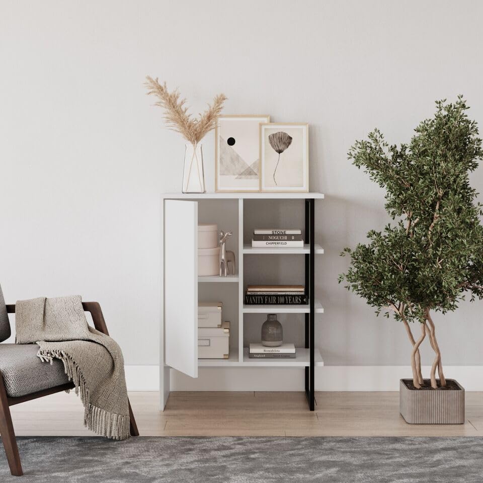 URBNLIVING 60cm Wood Steel Living Room 1 Door Bedside Cabinet Shelf Shelving Bookcase Unit, Modern Storage Organizer, Contemporary Design, Home Furniture, Multifunctional Storage Solution