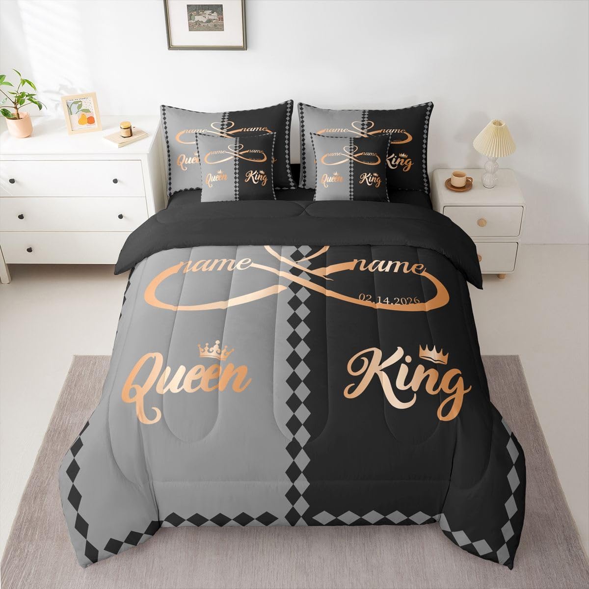 Erosebridal King and Queen Custom 7 Piece Comforter Set Twin Romantic Valentine Bed in A Bag Modern Black Grey His Hers Bedding Sets for Husband Wife Couple Love Forever Sheet Set with Comforter