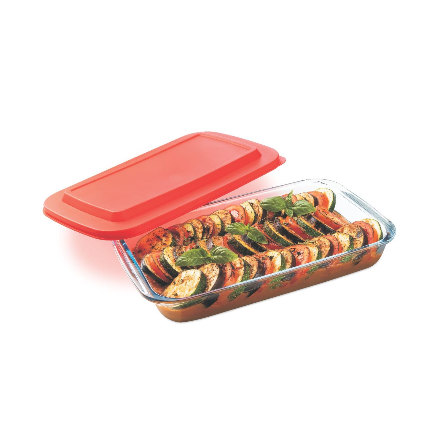 Signoraware Bake 'N' Serve Rectangular Bakeware Safe and Oven Safe Glass Dish Tray with PLASTIC LID | Borosilicate Glass Bowl Container | Microwave Oven Safe Baking (1600ml, Set of 1, Clear)