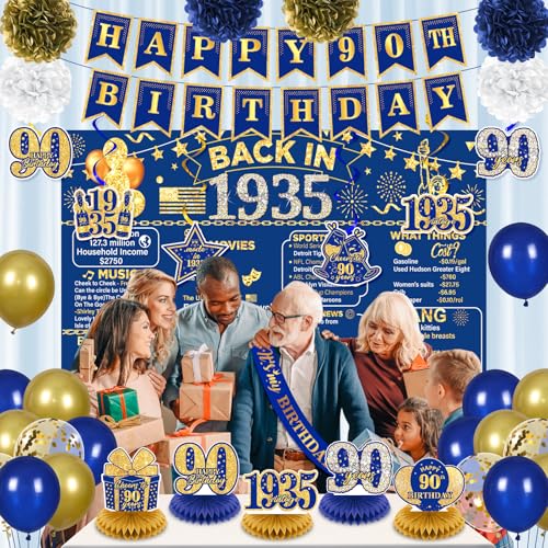 Image of 90th Birthday Decorations for Men Women Navy Blue Gold Vintage Back in 1935 Banner Happy 90th Birthday Honeycomb Centerpiece Hanging Swirls Sash Paper Pompoms Decor for Cheers to 90 Years Old Supplies