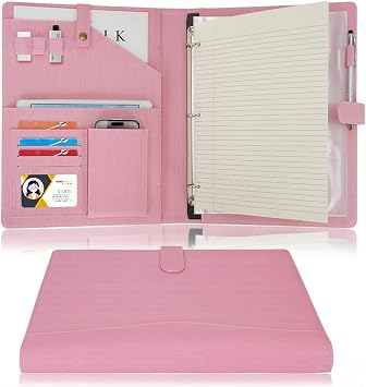 Wonderpool A4 PU Leather Portfolio Holder Ring File Document Case with Removable Binder Clipboard, Multi Pocket and Legal Pad for Business Organizer Interview and Meeting Pink
