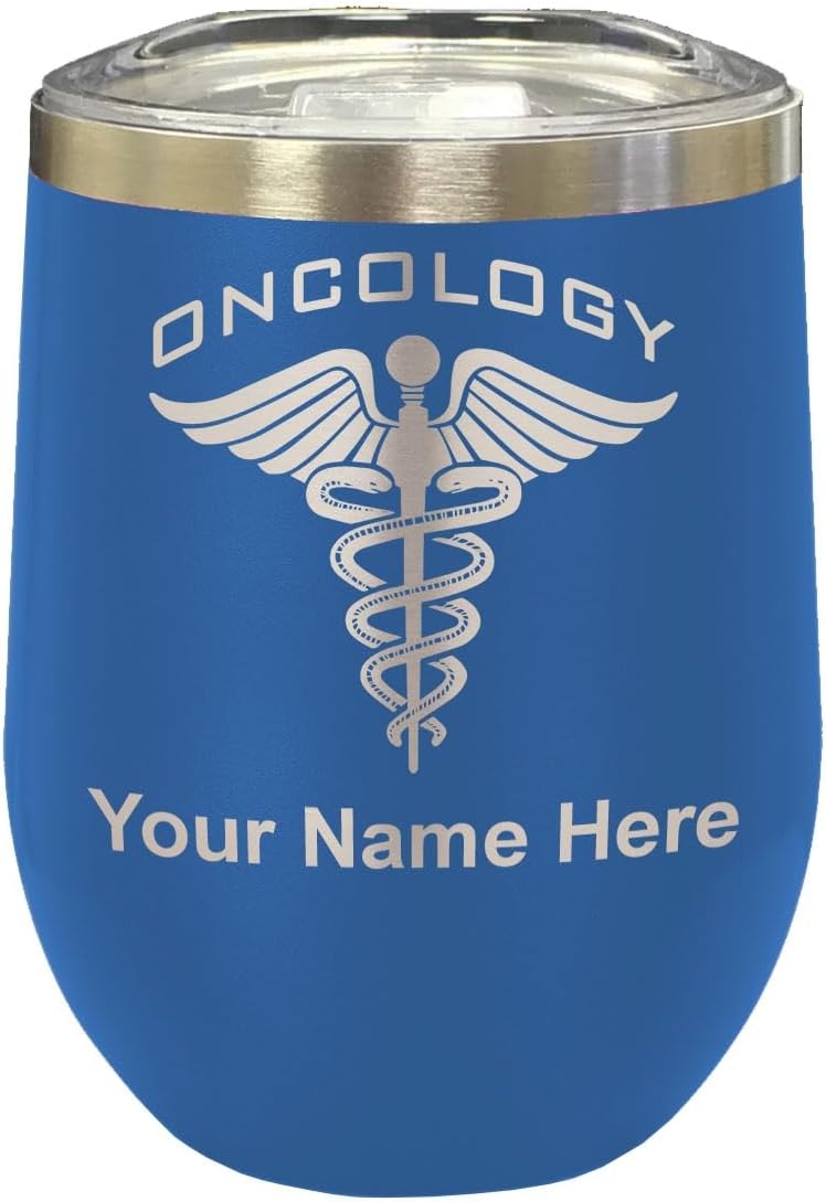 LaserGram 16oz Double Wall Stainless Steel Wine Glass Tumbler, Oncology, Personalized Engraving Included (Black)