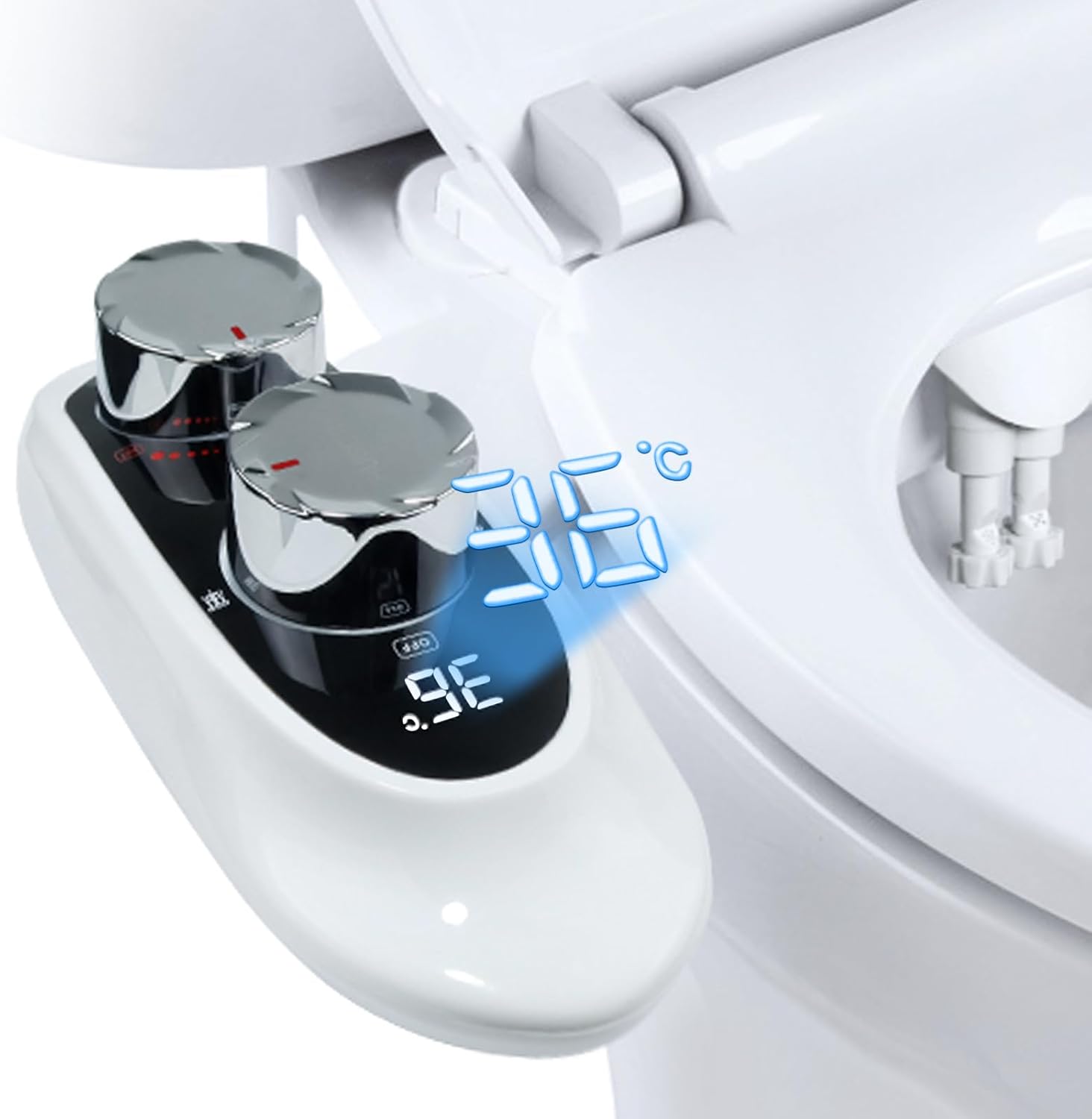 Bidet Attachment for Toilet Warm Water, Temperature Display Hot & Cold Water Non-Electric Adjustable Pressure Self Cleaning Frontal & Rear Dual Nozzle Wash Bidet Attachment for Rear & Feminine Wash