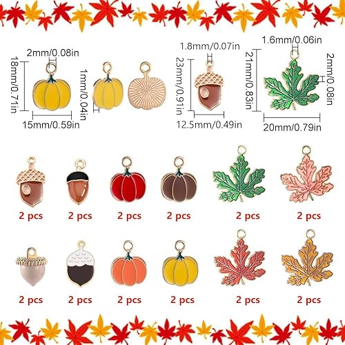 Miniatura 2 de SUNNYCLUE 1 caja de 24 dijes de otoño a granel de hoja de arce esmaltados de aleación de otoño, dijes de hojas de Acción de Gracias, calabaza y nuez