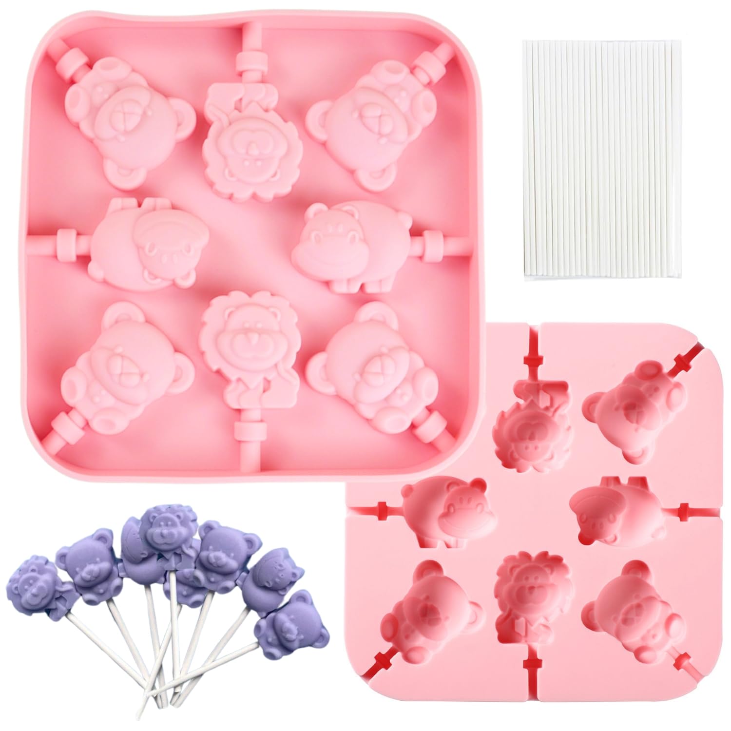 Orapink8-Cavity Silicone Lollipop Molds, Sucker Molds, 3D Bear, Cow, and Lion Shaped Silicone Candy Molds for DIY Chocolate and Hard Candy, Includes 20 Pcs Cake Pop Sticks.