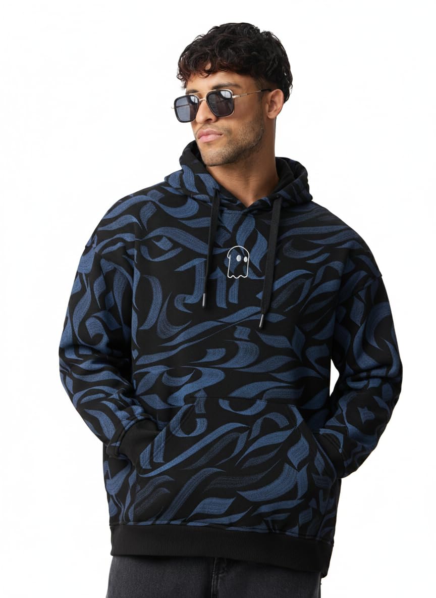 Calligraphy Men and Boys Full Sleeves Hooded Neck Black and Blue All Over Print Cotton Blend Fleece Drop Shoulder Everyday Streetwear Oversized Fit Pullover Hoodie-image-12