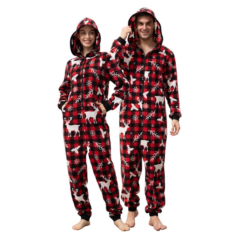 u2skiin Couple Onesie Pajama Sets, Hooded Zipper Christmas Matching Plaid Pjs Set for Men and Women Soft Warm Jumpsuit-picture-15