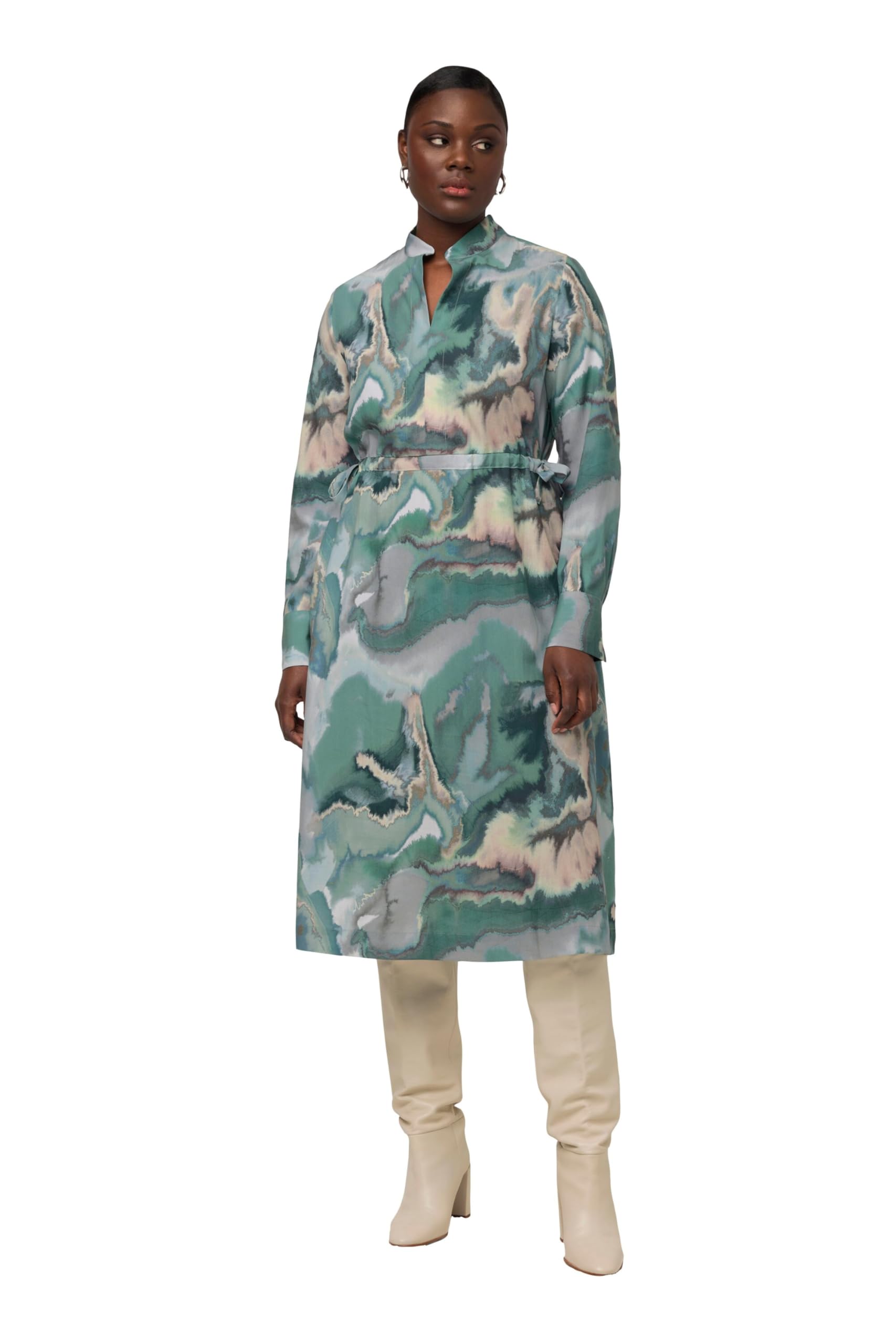 Ulla Popken Damen große Größen Übergrößen Plus Size Lyocell-Midikleid, Marmor-Design, Stehkragen, Langarm 822376