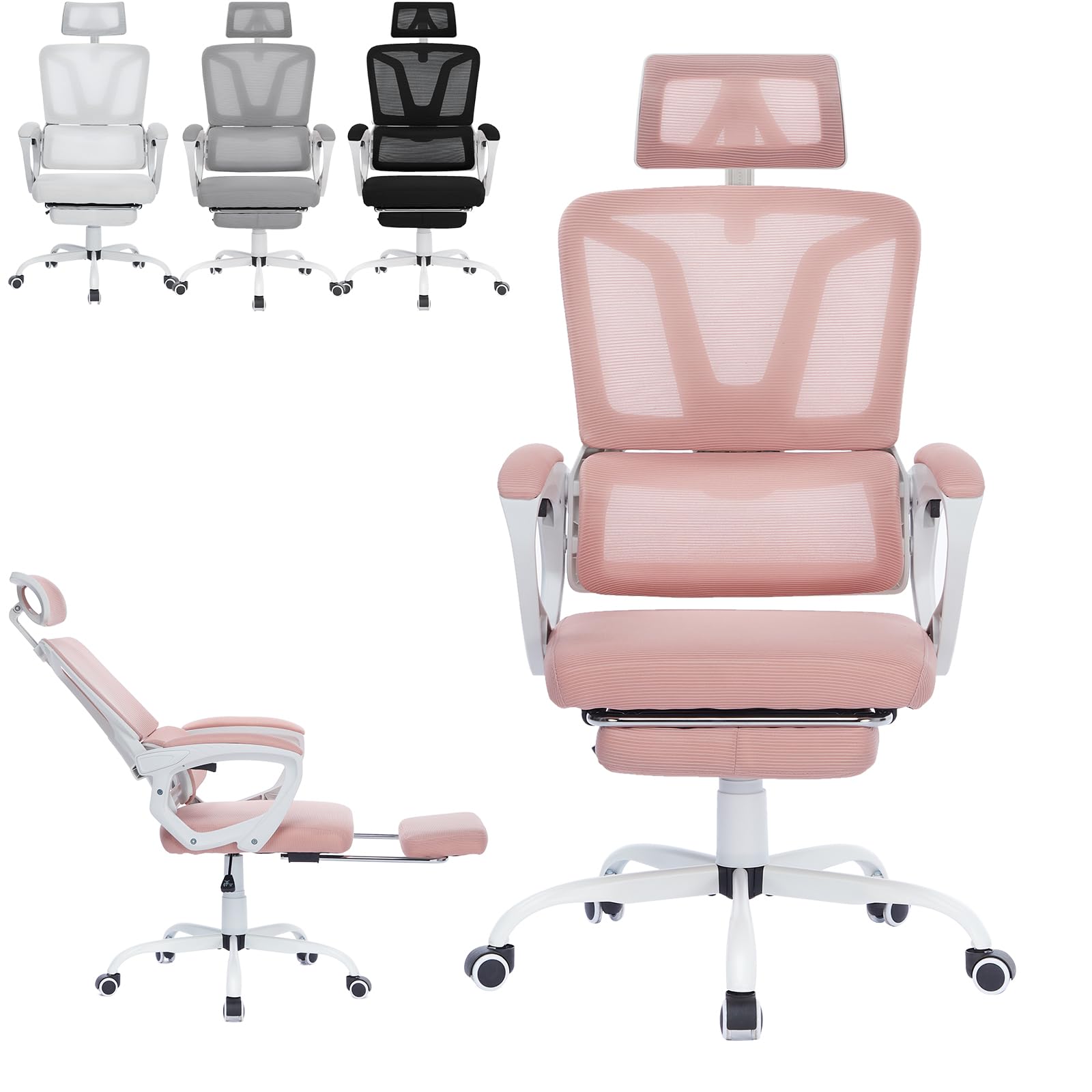 ACXIN Silla de oficina ergonómica reclinable y reposapiés – Silla de escritorio de malla ajustable con reposacabezas ajustable y soporte lumbar, inclinación hasta 135° (rosa)