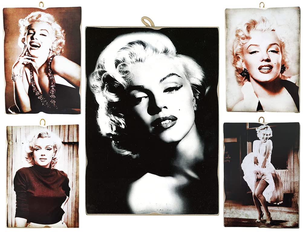 KUSTOM ART Set of 5 Paintings Vintage Style Famous Actors Series Marilyn Monroe Collectible Wood Print (4x 25x18cm + 1x 40x30cm)
