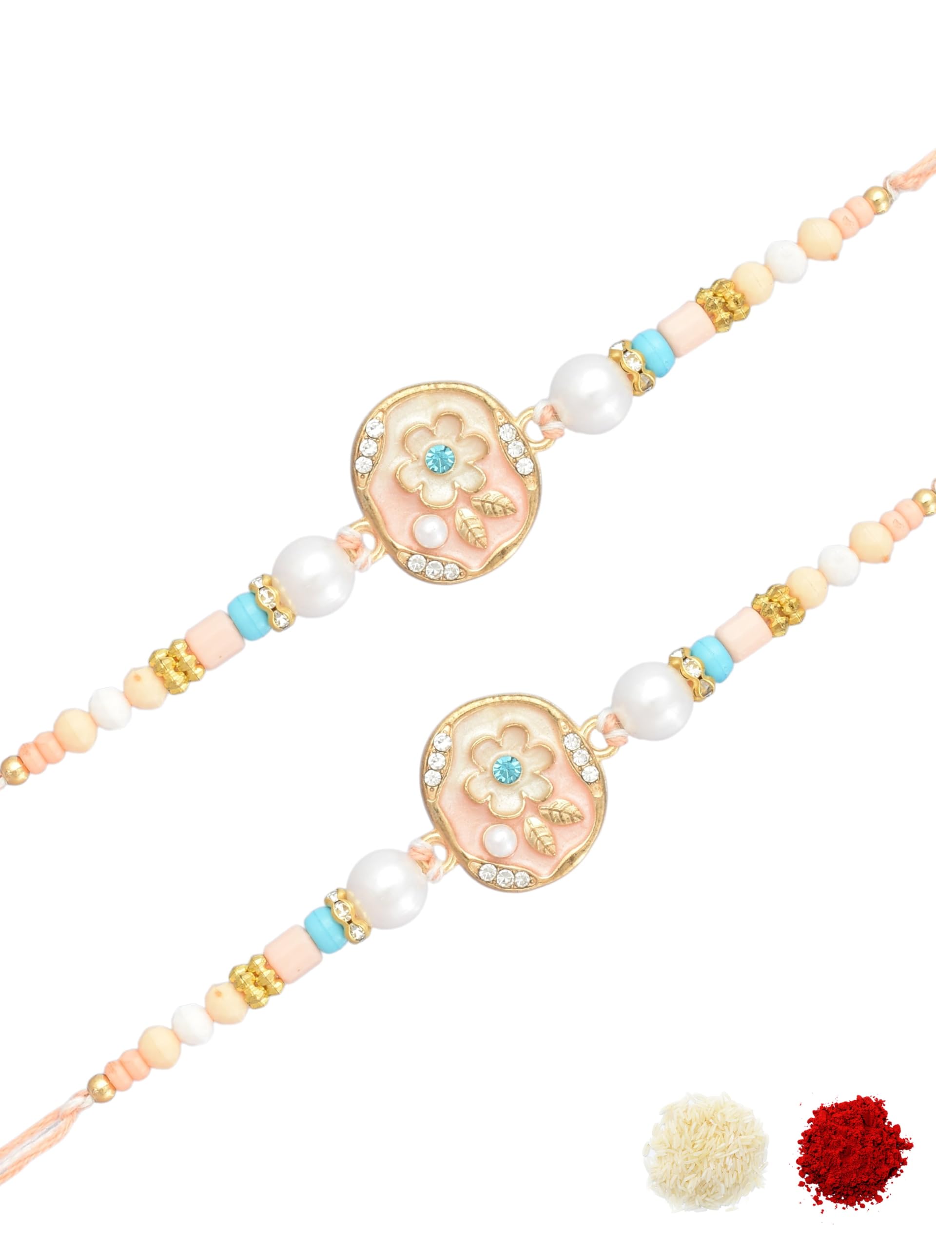Premium Floral Pearl Design for Brother with Flower Motif, Pastel Peach & Blue Beadwork, Enamel Work, Traditional Thread Pack of 2 Rakhi for Raksha Bandhan with Roli Chawal & Greeting Card-74-image-10