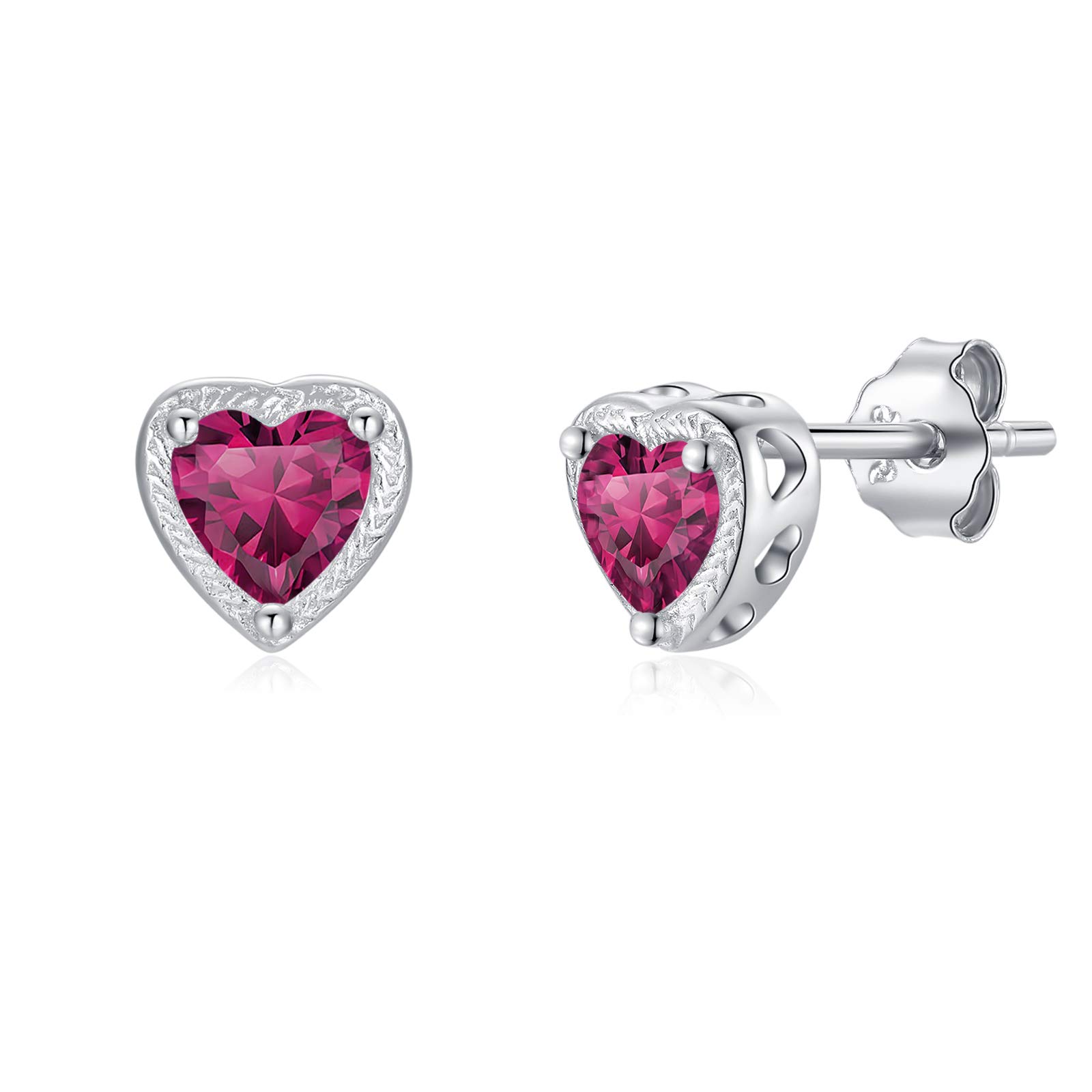 Qings Birthstone Earrings Heart Studs, 925 Sterling Silver Birthstone Studs Cubic Zirconias Earrings, 12 Months Women Jewellery Gift For Her Wife Mom