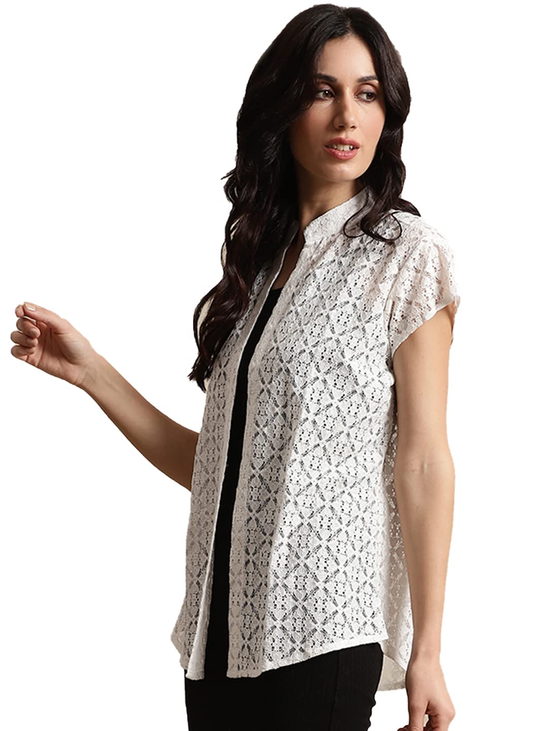 Women White Self Design Textured Cotton Collared Open Front Casual Outwear Shrug Jacket-image-20