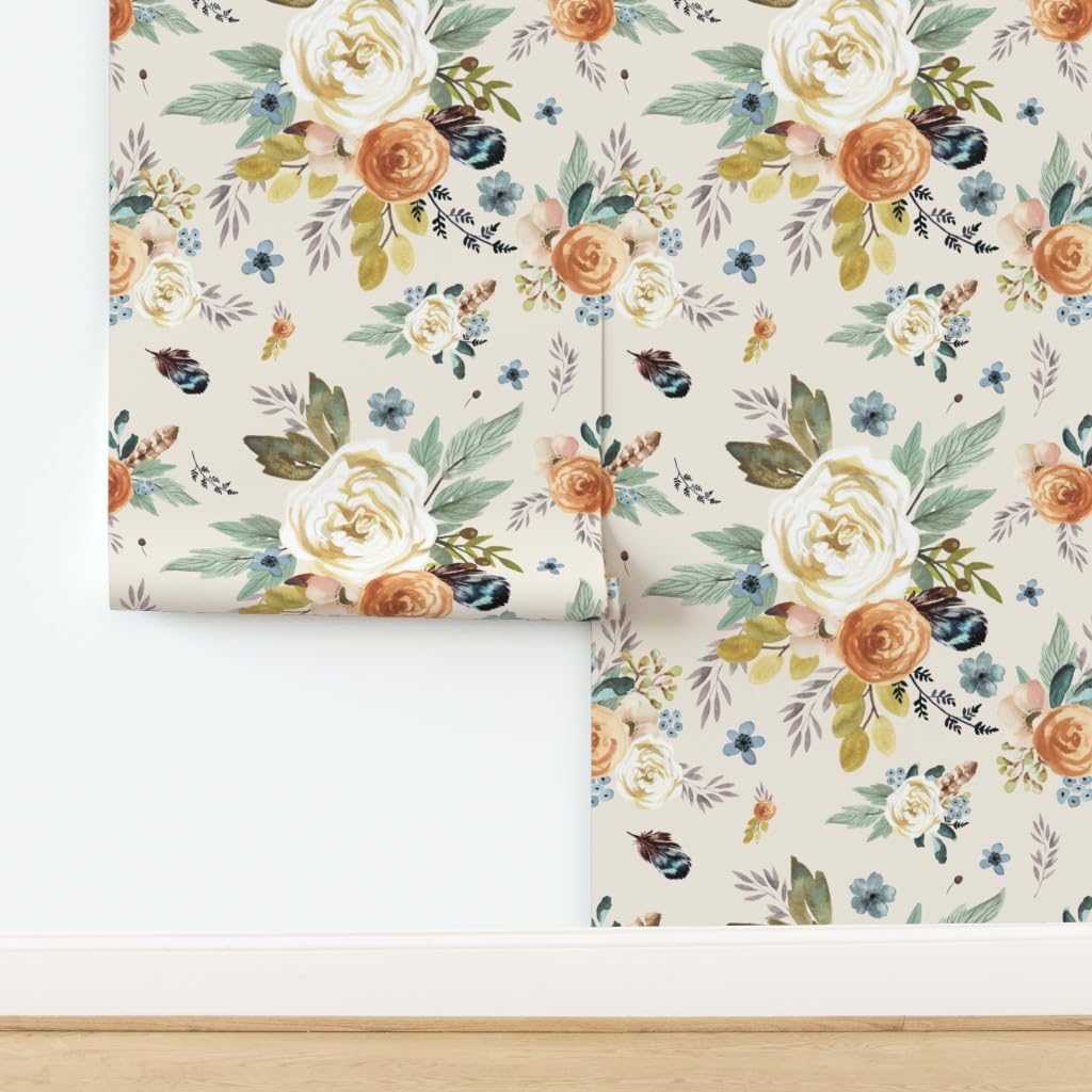 Removable Wallpaper 9ft x 2ft - Western Autumn Florals Ivory Rustic Floral Watercolor Boho Chic Feather Woodland Girly Custom Pre-Pasted Wallpaper by Spoonflower