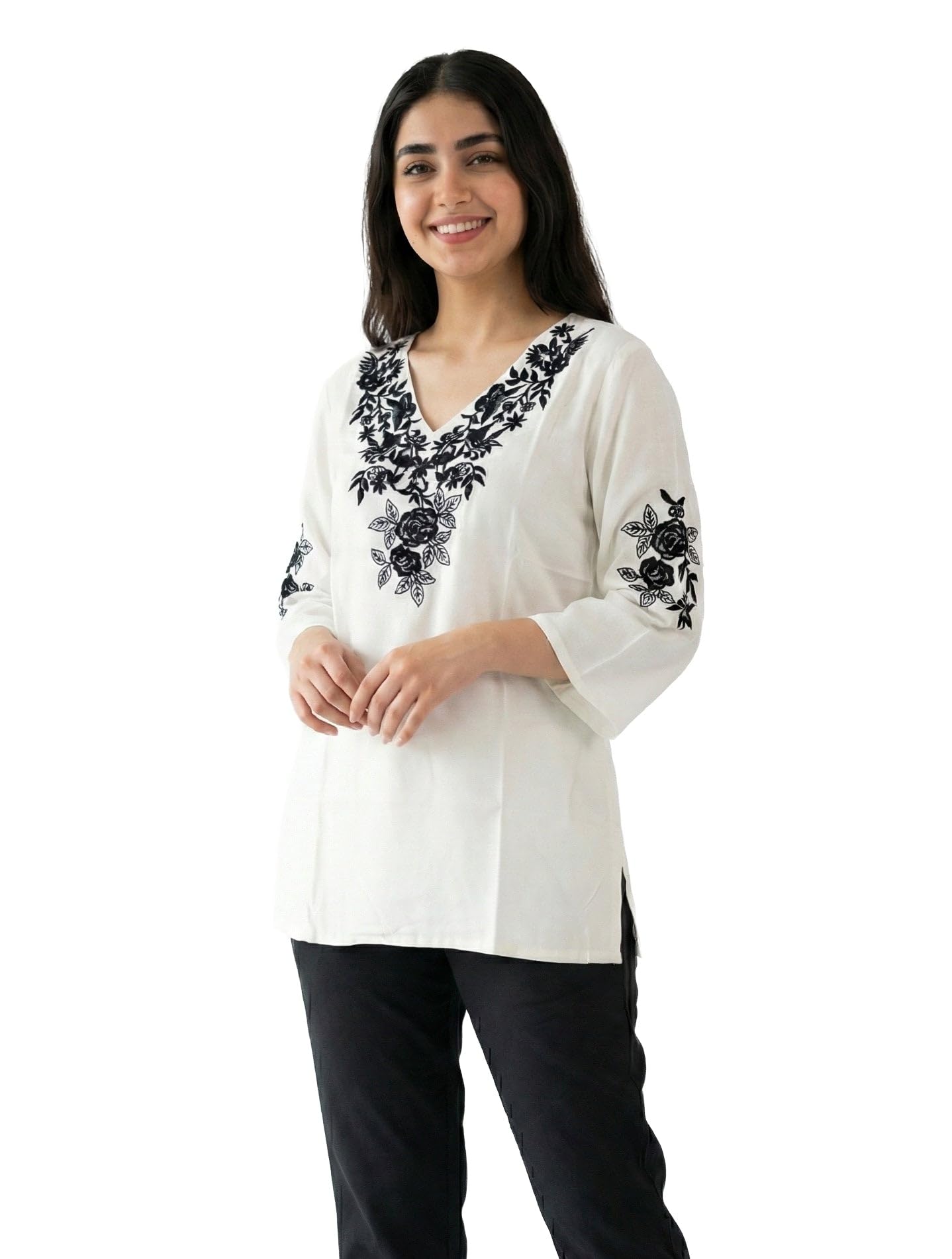 Ladyline Top a tunica da donna con ricamo boho, in rayon di alta qualità, con maniche a 3/4, lunghezza ai fianchi, copricostume da spiaggia