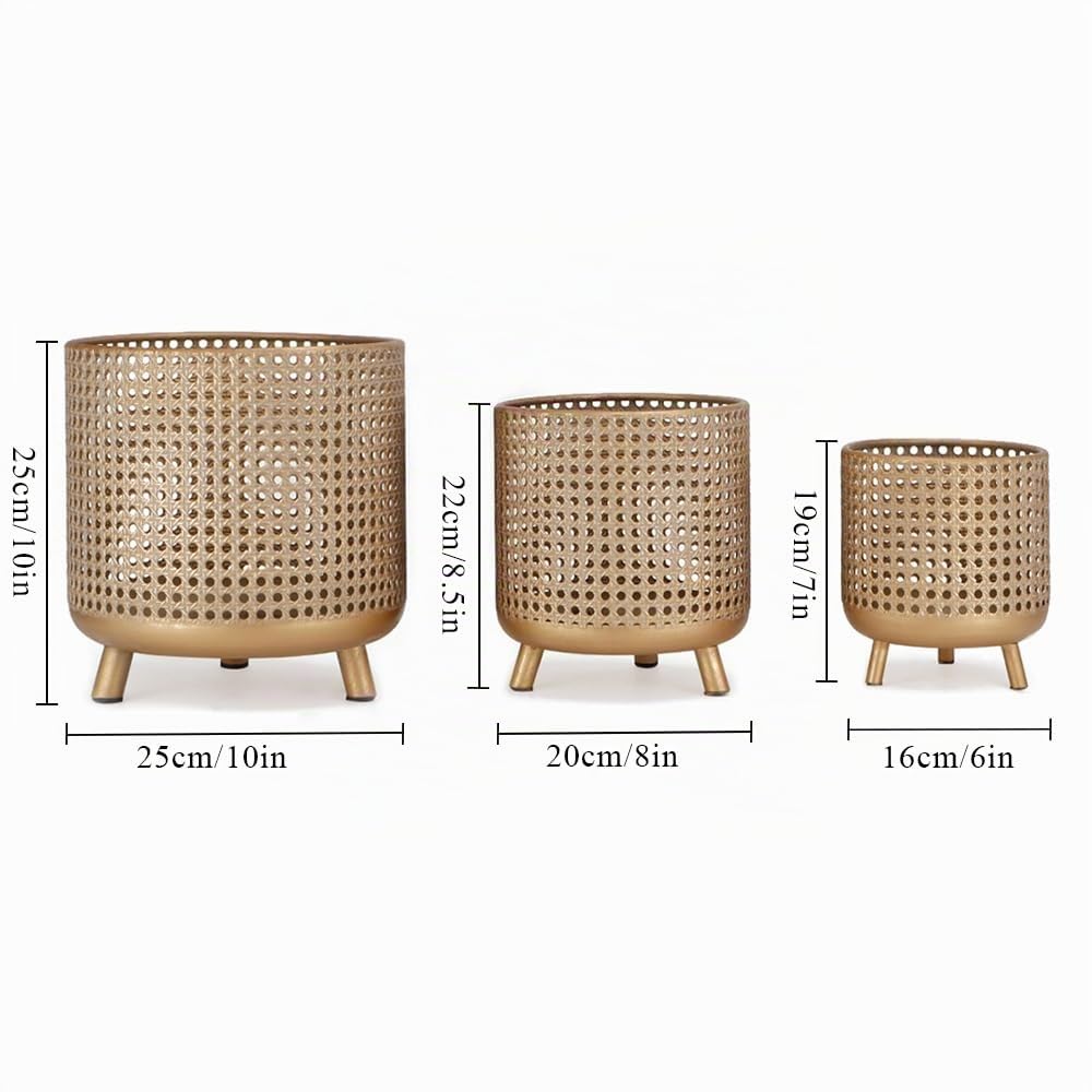 JHY DESIGN Set de 3 macetas, decoración metálica, macetas con diseño Hueco, Grandes macetas para Interior y Exterior, jardín, hogar, balcón, barandilla, Plantas en Valla (Oro)