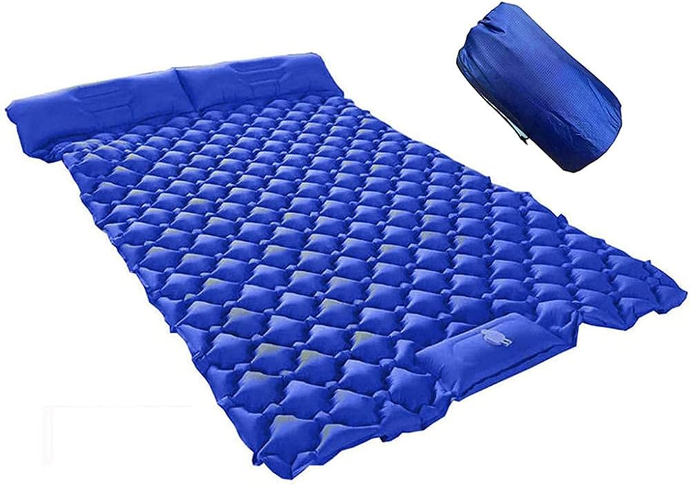Self Inflating Double Camping Mat with Foot Pump, 2 People Ultralight Portable Camping Sleeping Mat with Pillow, Waterproof Folding Camp Roll Pad for Backpacking, Hiking, and Traveling