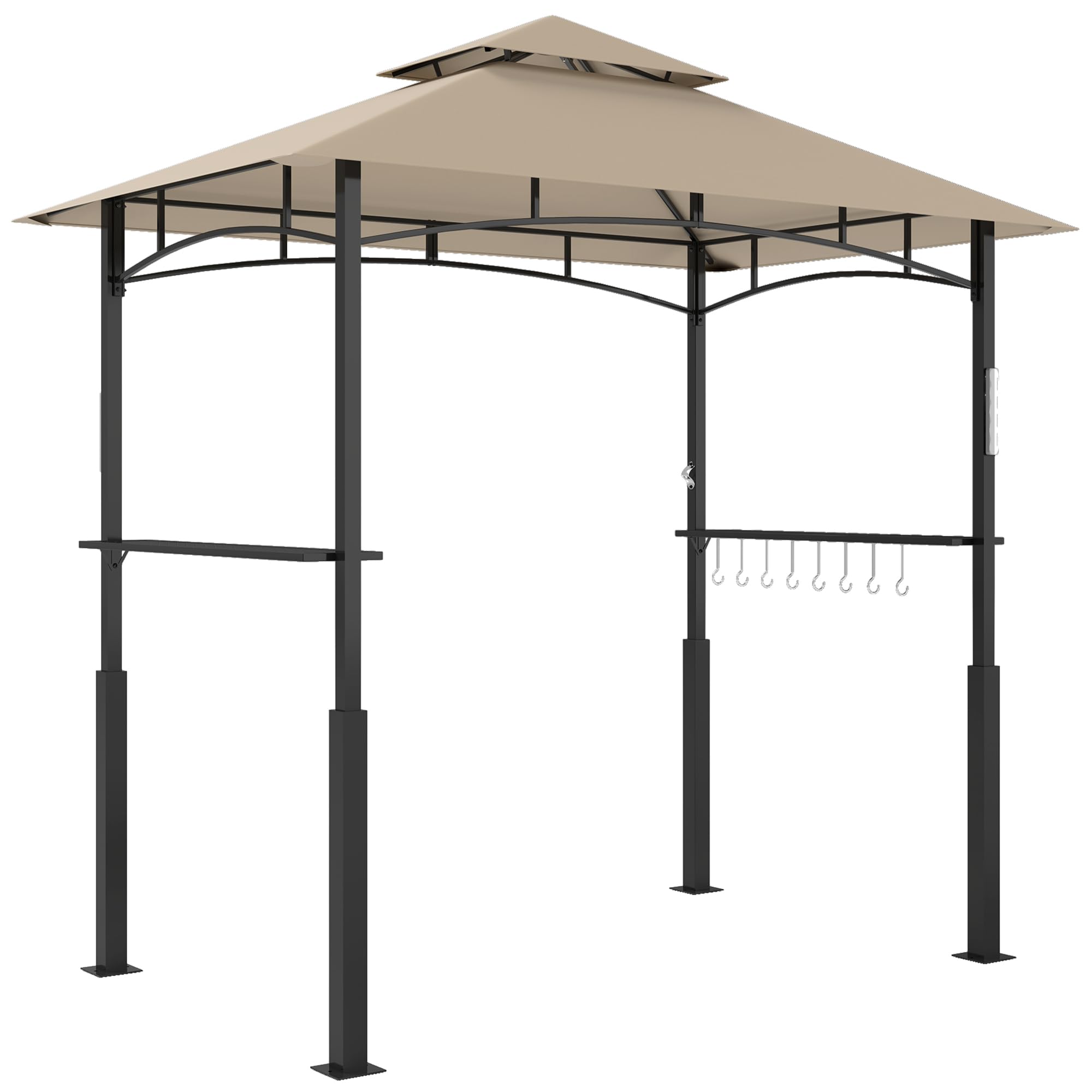 Outsunny Cenador de barbacoa de dos niveles, toldo de recepción para jardín, con luz LED, gancho de techo 2 estantes laterales 240 x 150 x 250 cm Caqui